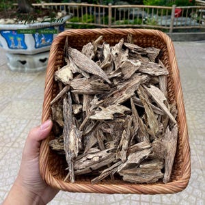 May include: A woven basket filled with light brown wood chips. The chips have a textured appearance and vary in size and shape. The basket is held by a hand, and the background includes a blurred view of a garden and a decorative pot.