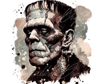Artistic Frankenstein PNG | Grungy Watercolor Monster for Sublimation Spooky Season Gothic Horror T-Shirt Design | Printable Classic Monster