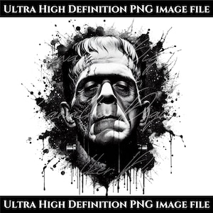 Pode incluir: Ilustração a preto e branco do rosto do monstro de Frankenstein, com detalhes de cicatrizes e parafusos. A imagem é rodeada por salpicos de tinta preta e o texto "ULTRA HIGH DEFINITION PNG IMAGE FILE".