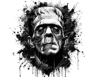 Ink Splash Frankenstein PNG, Grungy Watercolor Monster for Sublimation Spooky Season Gothic Horror T-Shirt Design, Printable Classic Monster