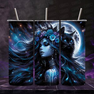 Digitaal - Astral Witch & Cat Guardian Wrap, Dark Fantasy 20oz Skinny Tumbler Wrap, Gothic Sublimatie cadeau creatie ontwerp - direct downloaden