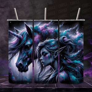 May include: A set of three 20 oz stainless steel tumblers with a design of a unicorn and a woman with flowing hair and a galaxy background. The design is in shades of purple, blue, and black.