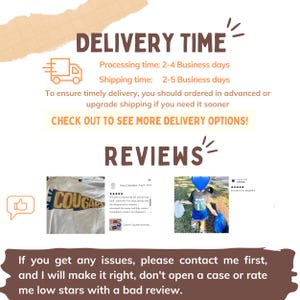 Op de afbeelding: Een wit T-shirt met een zwart en oranje vlagontwerp met de tekst "COUGARS". De afbeelding bevat ook een tekstvak met de woorden "DELIVERY TIME" en "REVIEWS".
