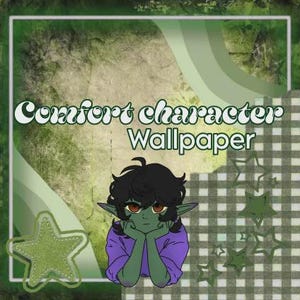 Peut inclure: Un fond d'écran numérique avec un personnage de dessin animé à la peau verte, aux cheveux noirs et une chemise violette. Le texte "Comfort character Wallpaper" est affiché dans une police décorative. L'arrière-plan comprend un motif à carreaux vert et blanc et une étoile verte.