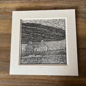 Scottish Highlands bothy lino print, an original limited edition linocut print