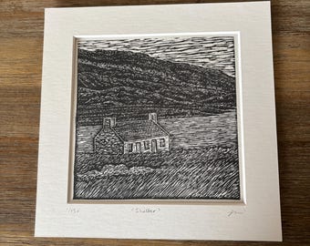 Scottish Highlands bothy lino print, an original limited edition linocut print