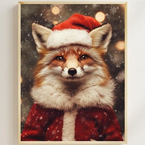 Renard dans des vêtements de Noël, art mural renard des fêtes, impression animal de Noël drôle, décoration d'hiver confortable, cadeau pour amoureux des renards, impression de vacances mignonnes, art de l'IA