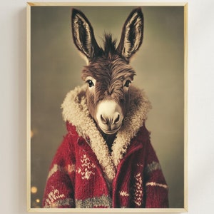 Esel in der Weihnachtskleidung, Feiertag Esel Wandkunst, lustiger Weihnachtstierdruck, gemütliches Winterdekor, Esel-Liebhaber-Geschenk, niedlicher Feiertags-Druck
