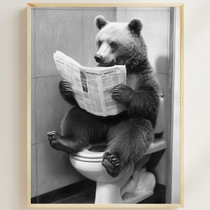 Funny Bear Bathroom Print, Toilet Newspaper, Animal Humor (Digital Download)