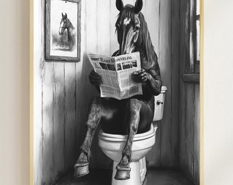 Horse Sitting on the Toilet Reading a Newspaper, Vintage Bathroom Wall Decor, Funny & Quirky Animal Print, Home Printables, AI Digital Art