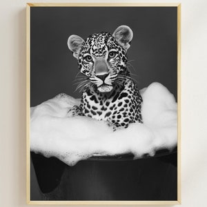 Leopard in the Bathtub, Funny Animal Wall Art, Leopard Taking a Bubble Bath, Vintage Bathroom Print, Cute Leopard Photograph, AI Digital Art