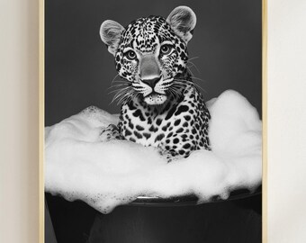 Leopard in Bathtub Print, Funny Animal Bathroom Decor (Digital Art)