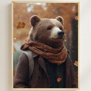 Bear Fall Art Print, Cozy Autumn Decor, Rustic Farmhouse Wall Art, Bear in Fall Clothes, Fall Home Decor, Cute Nursery Print, Digital AI Art