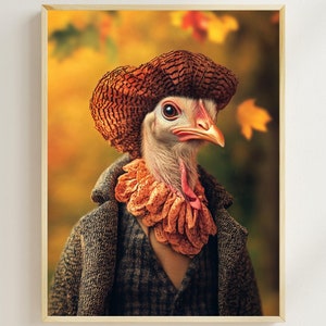 Cozy Turkey in Autumn Clothes, Fall Animal Art, Thanksgiving Wall Decor, Rustic Autumn Printable, Turkey Wall Art, Fall Home Decor, AI Art