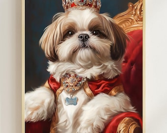 絵画 油絵 犬 シーズ 貴族風シーズー犬のルネッサンス肖像画：面白い動物の壁アート