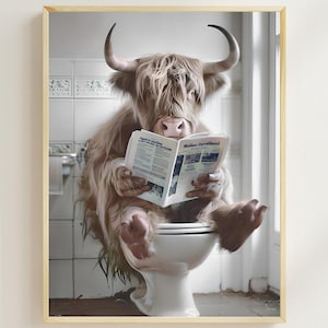 Highland Cow Sitting on the Toilet Reading a Newspaper, Funny Bathroom Wall Decor, Funny Animal Print, Cow Home Printables, AI Digital Art