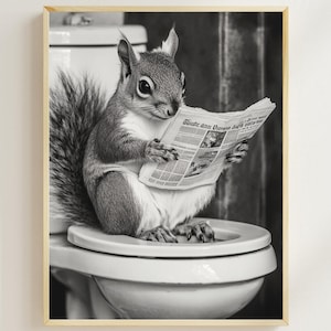 May include: A black and white photo of a squirrel sitting on a toilet and reading a newspaper. The newspaper headline reads "South amn Varroa Mite"