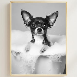 Chihuahua in the Bathtub, Funny Dog Wall Art, Dog Taking a Bubble Bath, Vintage Bathroom Print, Cute Chihuahua Photograph, AI Digital Art