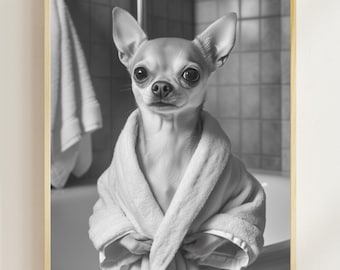 Chihuahua in Bathrobe Art Print, Funny Bathroom Dog Decor (Digital AI Art)