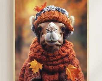 Camel in Fall Clothes Art Print, Cozy Autumn Decor (digital