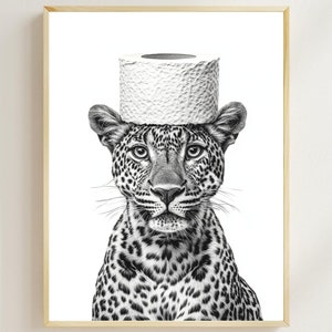 Leopard With a Toilet Paper Roll on the Head, Printable Bathroom Art, Funny Bathroom Wall Art, Vintage Animal Photo, Leopard Humor AI Print