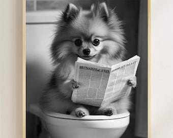 Impression drôle de salle de bain de Poméranie, chien lisant les journaux (art numérique)