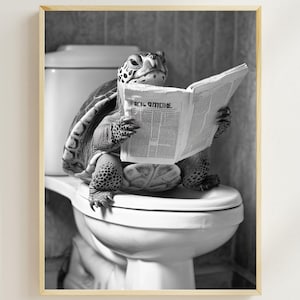 Turtle Sitting on the Toilet Reading a Newspaper, Funny Bathroom Wall Decor, Animal Humor Prints, Funny Animal Print, Bathroom Humor, AI Art