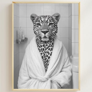 Leopard in a Bathrobe, Funny Bathroom Wall Art, Quirky Animal Art, Leopard in Bath Photography, Vintage Leopard Print, Animal Humor AI Art