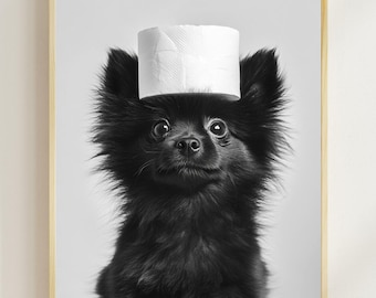 Art drôle de salle de bain de Poméranie, chien en papier toilette, impression IA (téléchargement numérique)