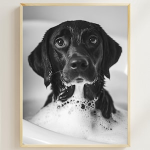 Labrador in the Bathtub, Labrador Taking a Bubble Bath, Funny Bathroom Wall Art, Vintage Labrador Photograph, Quirky Wall Art, AI Dog Print