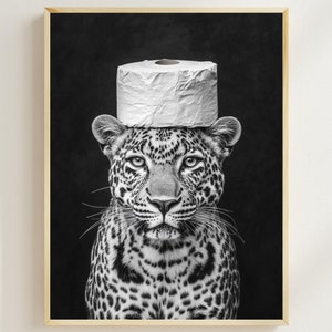 Leopard With a Toilet Paper Roll on the Head, Modern Printable Bathroom Art, Funny Bathroom Wall Art, Vintage Animal Photo, Leopard AI Print