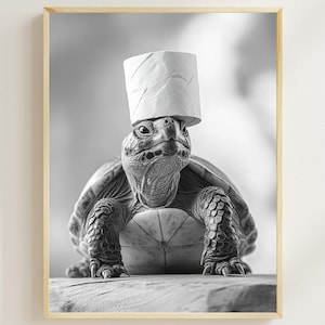 Turtle with a Toilet Paper Roll on the Head, Printable Bathroom Art, Funny Bath Wall Art, Vintage Animal Photo, Turtle Humor Print, AI Art