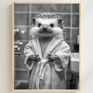 Hedgehog in a Bathrobe Printable Wall Art, Cute Bathroom Decor, Funny Animal Art, Quirky Hedgehog Illustration, Farmhouse Style, AI Art