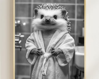 Hedgehog in Bathrobe Art Print, Funny Bathroom Decor (Digital Download)