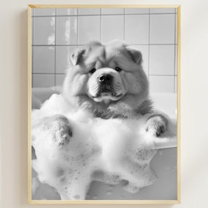Chow Chow in the Bathtub, Funny Dog Wall Art, Chow Chow Taking a Bubble Bath, Cute Bathroom Print, Vintage Dog Photograph, AI Digital Art