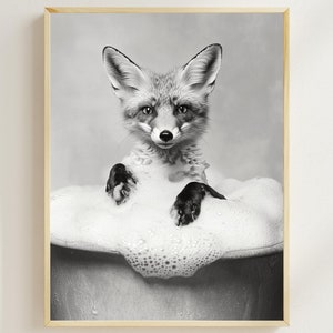 Fox in Bathtub Black and White Printable Wall Art, Cute Fox Bath Art, Bathroom Decor, Whimsy Wall Art, Modern Bathroom Print, Fox Bath Time