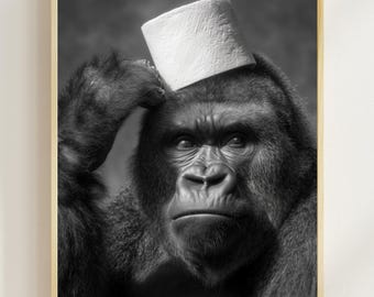 Funny Gorilla Bathroom Art Print, Toilet Paper Hat (Digital Download)