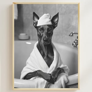 Doberman in a Bathrobe, Dog in Bathrobe Decor, Vintage Doberman Picture, Bathroom Humor Art, Funny Dog Poster, Doberman Poster, AI Art