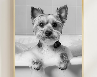 Yorkshire Terrier in Bathtub Print, Funny Dog Bathroom Wall Art (Digital Art)