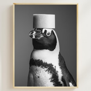 Penguin With a Toilet Paper Roll on the Head, Printable Bathroom Art, Vintage Animal Photo, Funny Bathroom Wall Art, Penguin Humor Print
