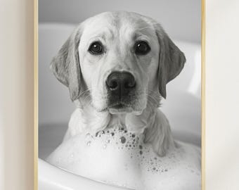 May include: Black and white framed print of a golden retriever puppy in a bathtub filled with bubbles. The dog is looking directly at the camera with a curious expression. The image is framed in a light wood frame.