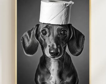 Funny Dachshund Bathroom Art Print, Toilet Paper Hat (Digital Download)