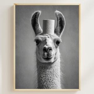 Llama with a Toilet Paper Roll on the Head, Printable Bathroom Art, Funny Bath Wall Art, Vintage Animal Photo, Llama Humor Print, AI Poster