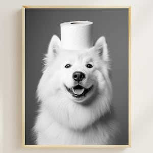 Samoyed With a Toilet Paper Roll on the Head, Printable Bathroom Art, Vintage Dog Photo, Funny Bathroom Wall Art, Dog Humor Print, AI Art