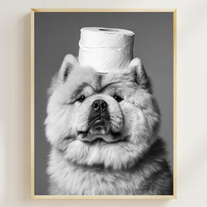 Chow Chow With a Toilet Paper Roll on the Head, Printable Bathroom Art, Vintage Dog Photo, Funny Bathroom Wall Art, Dog Humor Print, AI Art