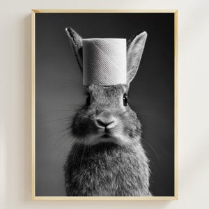 Rabbit with a Toilet Paper Roll on the Head, Printable Bathroom Art, Funny Bath Wall Art, Vintage Animal Photo, Rabbit Humor Art, AI Print