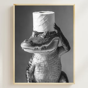 Alligator With a Toilet Paper Roll on the Head, Printable Bathroom Art, Vintage Animal Photo, Funny Bathroom Wall Art, Alligator Humor Print