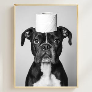 Boxer With a Toilet Paper Roll on the Head, Printable Bathroom Art, Vintage Dog Photo, Funny Bathroom Wall Art, Boxer Humor Print, AI Art