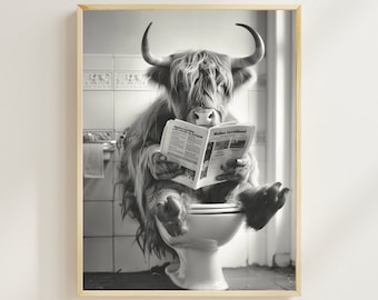 Funny Highland Cow Bathroom Print, Newspaper Toilet Decor (Digital Art)