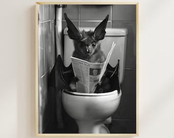Bat Sitting on the Toilet Reading a Newspaper, Funny Bathroom Wall Decor, Animal Humor Prints, Funny Animal Print, Bathroom Humor, AI Art